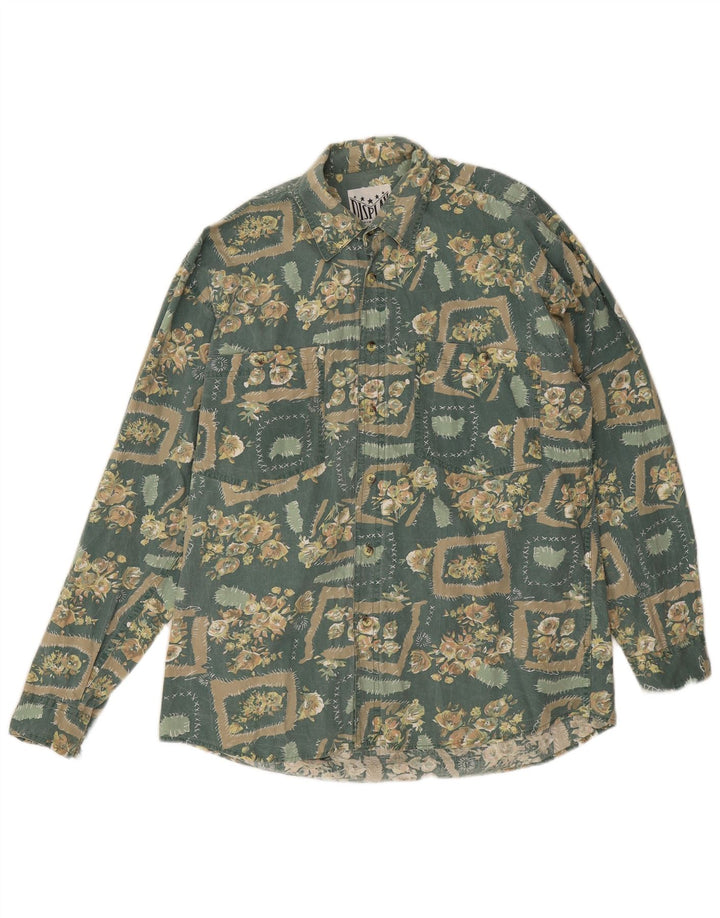 Vintage Mens Shirt Medium Green Floral Cotton