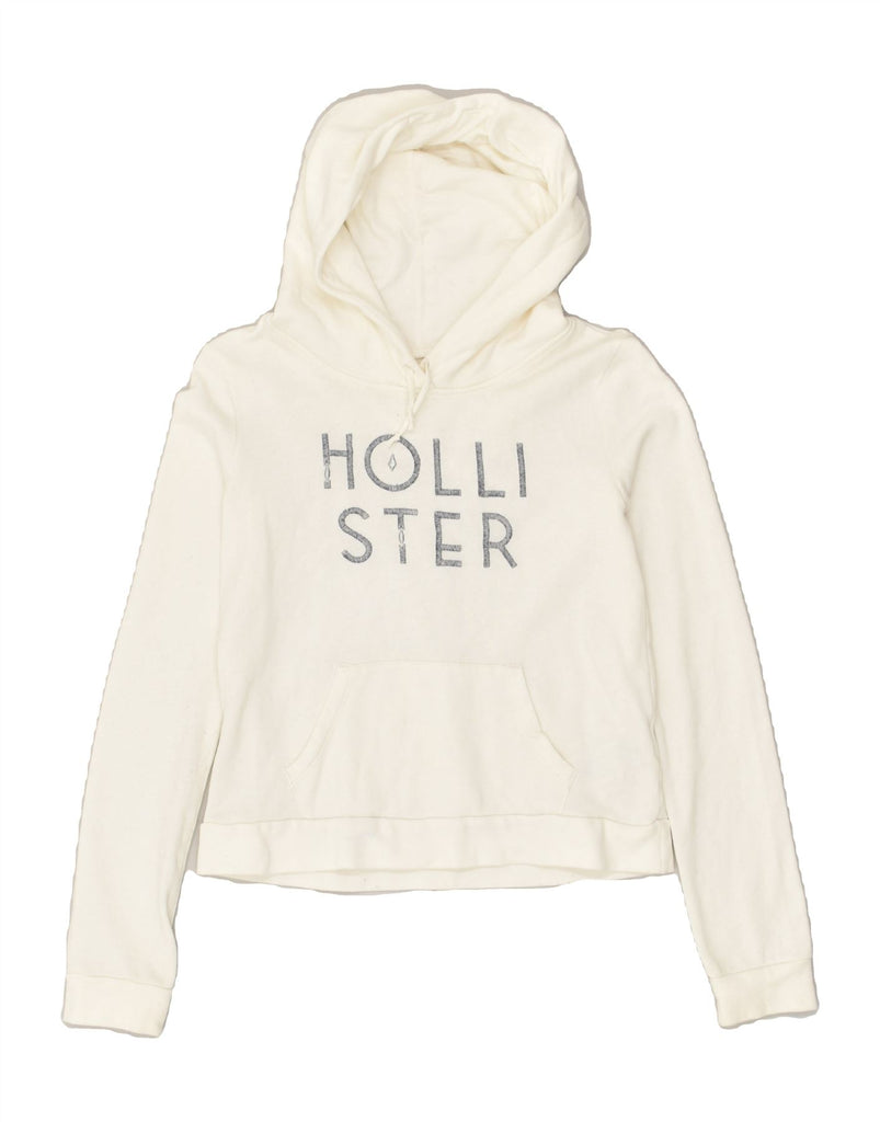 HOLLISTER Womens Graphic Crop Hoodie Jumper UK 4 XS Off White Cotton | Vintage Hollister | Thrift | Second-Hand Hollister | Used Clothing | Messina Hembry 