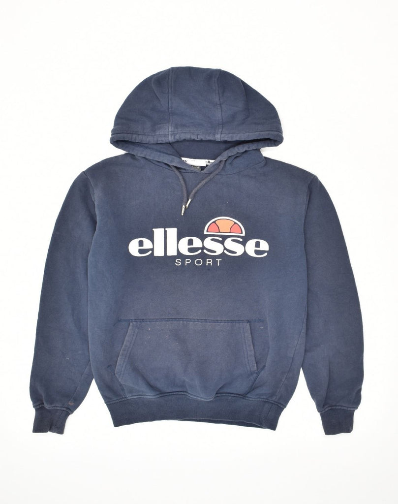 ELLESSE Womens Graphic Hoodie Jumper UK  8 Small Navy Blue Cotton | Vintage Ellesse | Thrift | Second-Hand Ellesse | Used Clothing | Messina Hembry 