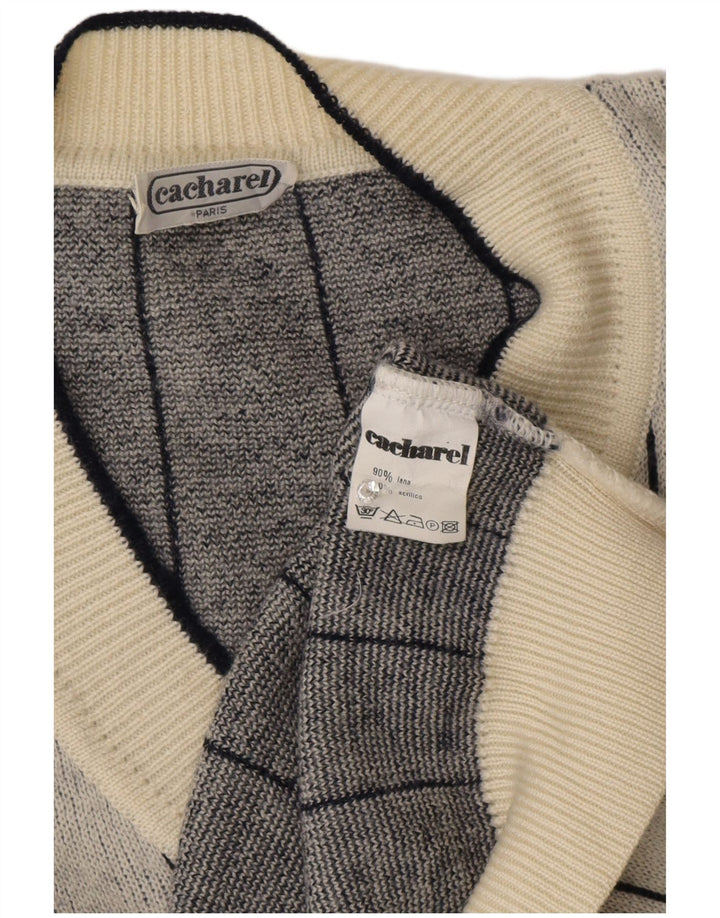 Cacharel Womens V-Neck Jumper Sweater UK 18 XL Grey Striped Wool