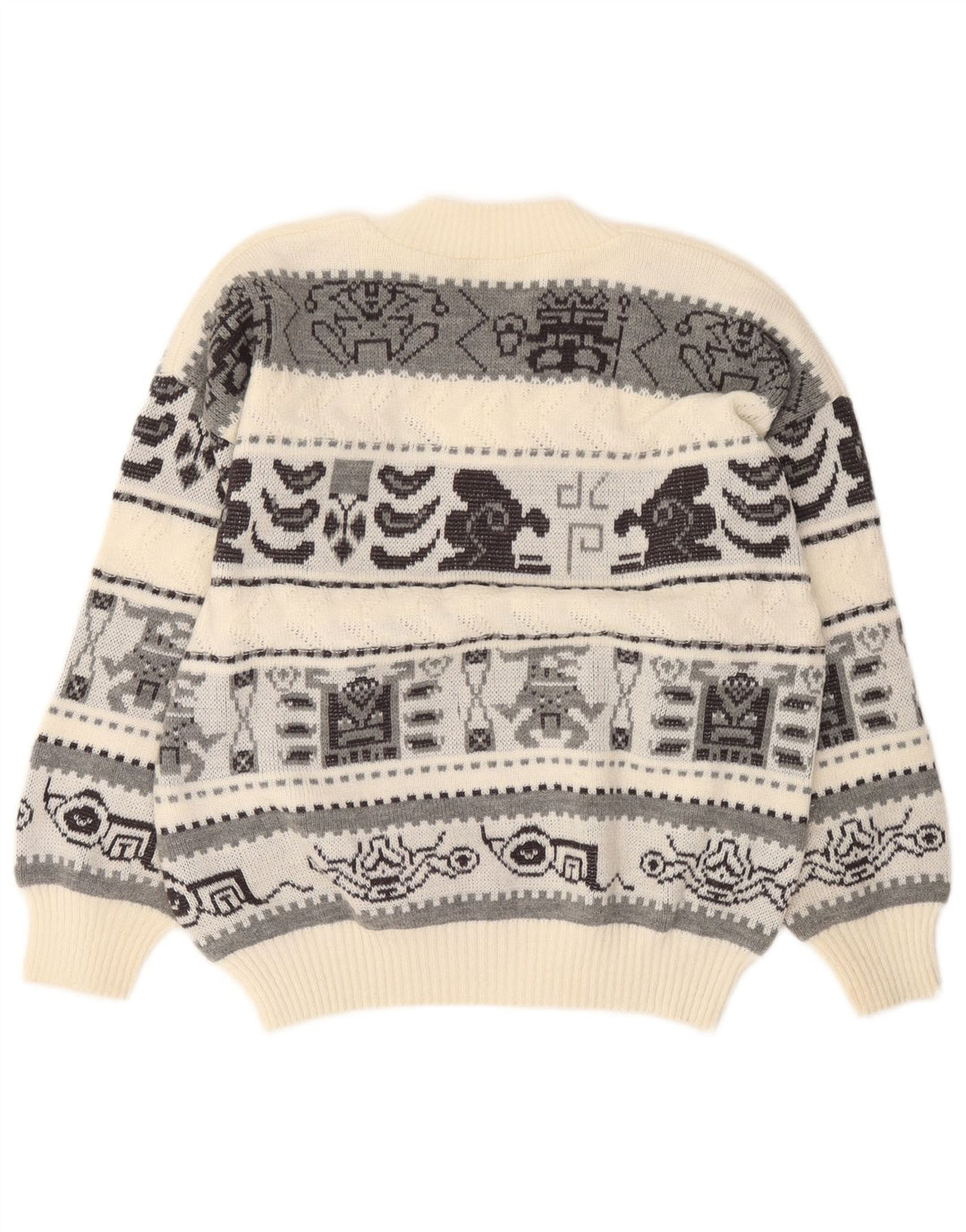 Vintage Mens V-Neck Jumper Sweater Large Off White Geometric