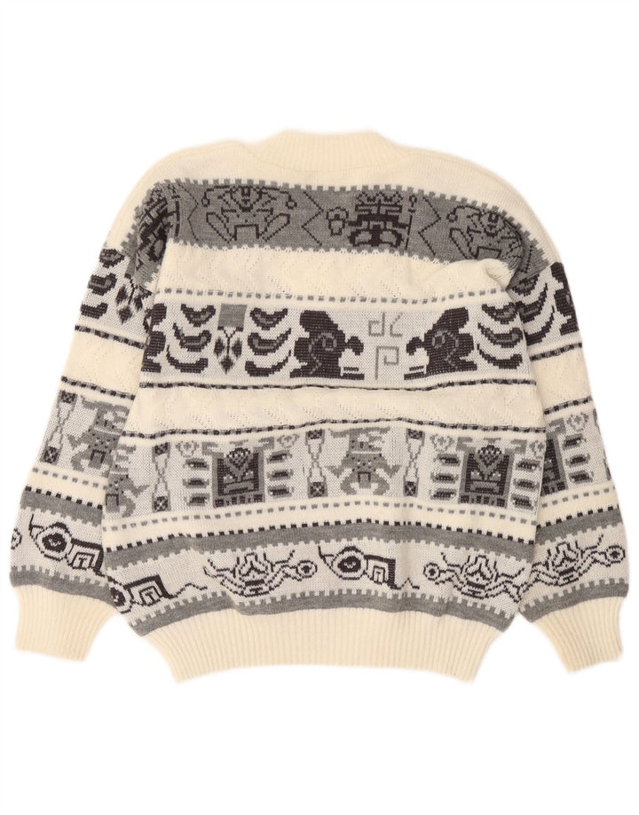 Vintage Mens V-Neck Jumper Sweater Large Off White Geometric