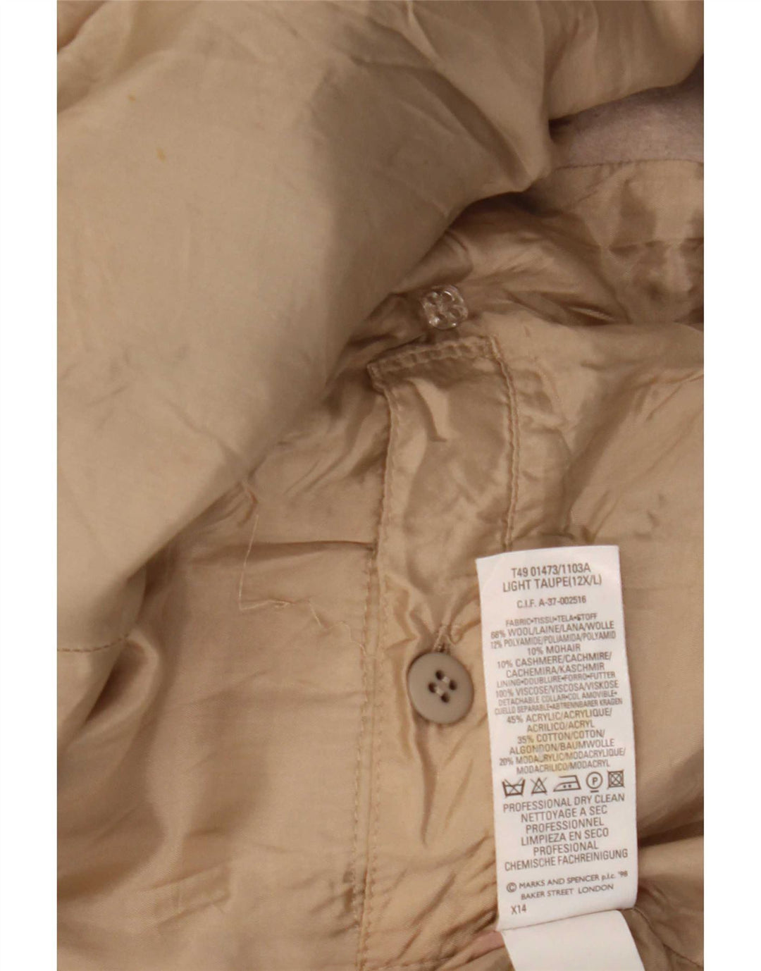 Marks & Spencer Womens Double Breasted Coat UK 12 Medium Beige Wool