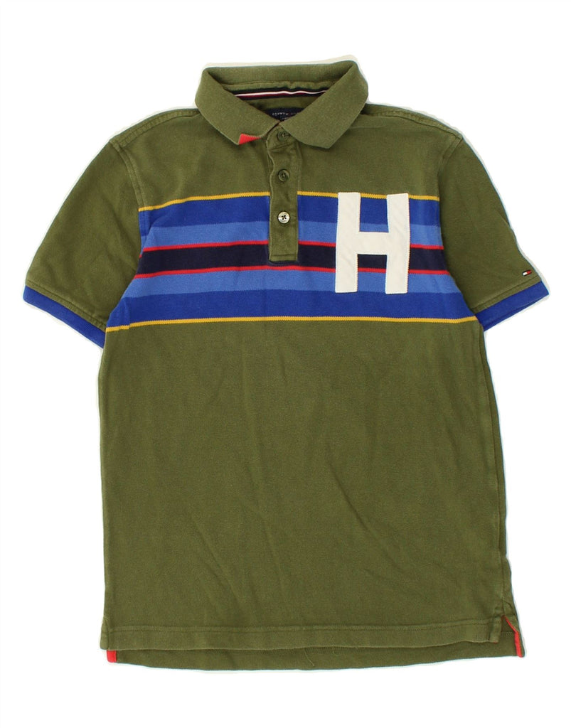 TOMMY HILFIGER Boys Graphic Polo Shirt 12-13 Years Large Khaki Cotton | Vintage Tommy Hilfiger | Thrift | Second-Hand Tommy Hilfiger | Used Clothing | Messina Hembry 