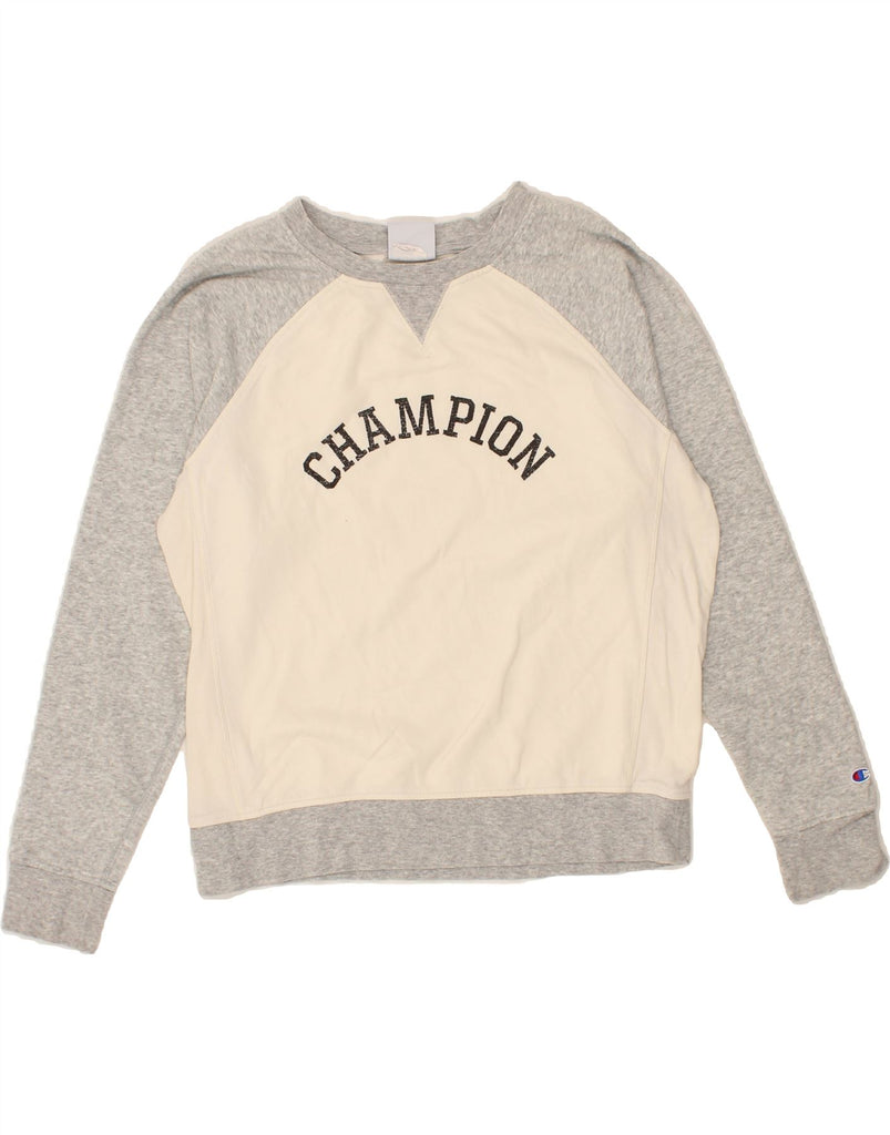 CHAMPION Mens Graphic Sweatshirt Jumper Medium Grey Colourblock Polyester Vintage Champion and Second-Hand Champion from Messina Hembry 