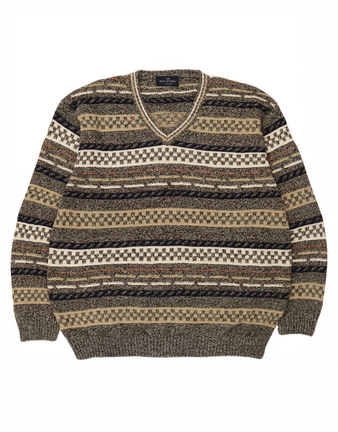 Malagrida Mens V-Neck Jumper Sweater XL Multicoloured Geometric Cotton