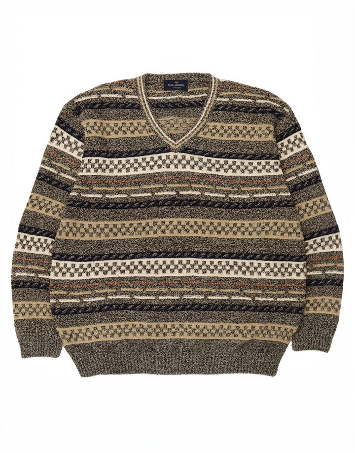Malagrida Mens V-Neck Jumper Sweater XL Multicoloured Geometric Cotton