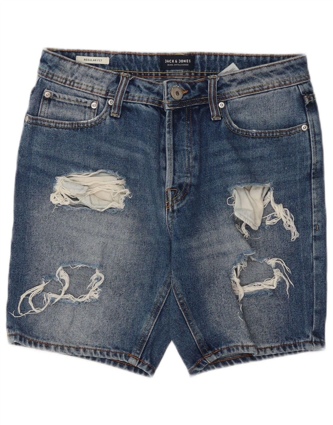 Jack & Jones Mens Distressed Regular Fit Denim Shorts Small W28 Blue Cotton