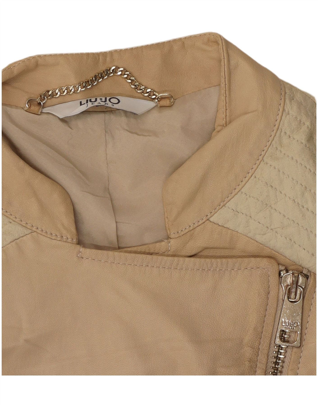 Liu Jo Womens Crop Biker Jacket IT 42 Medium Beige Colourblock Leather