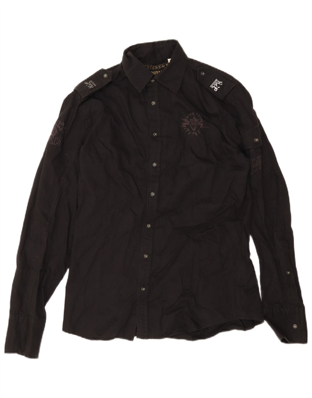 Diesel Mens Graphic Military Shirt Medium Black Cotton