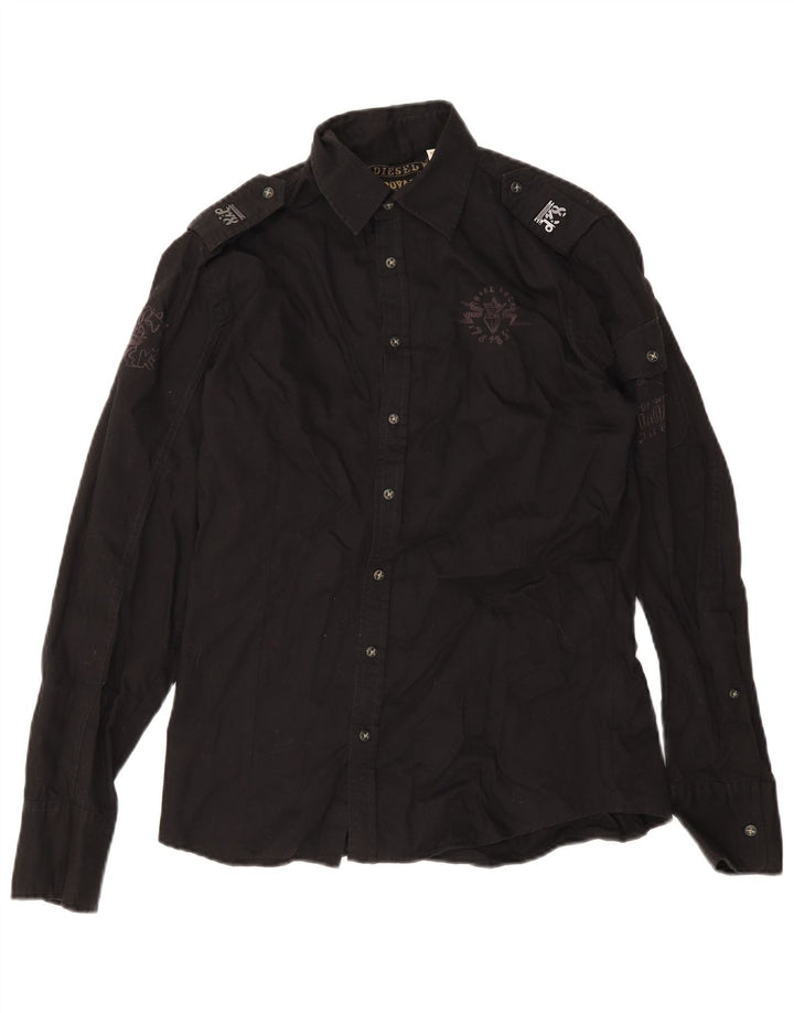 Diesel Mens Graphic Military Shirt Medium Black Cotton