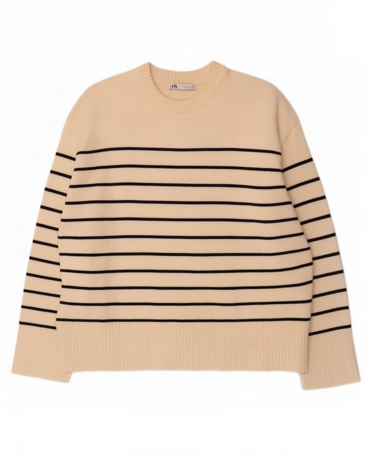 Zara Womens Crew Neck Jumper Sweater UK 14 Medium Off White Striped