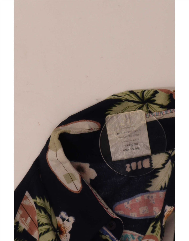 Vintage Mens Abstract Pattern Short Sleeve Shirt Large Navy Blue Rayon