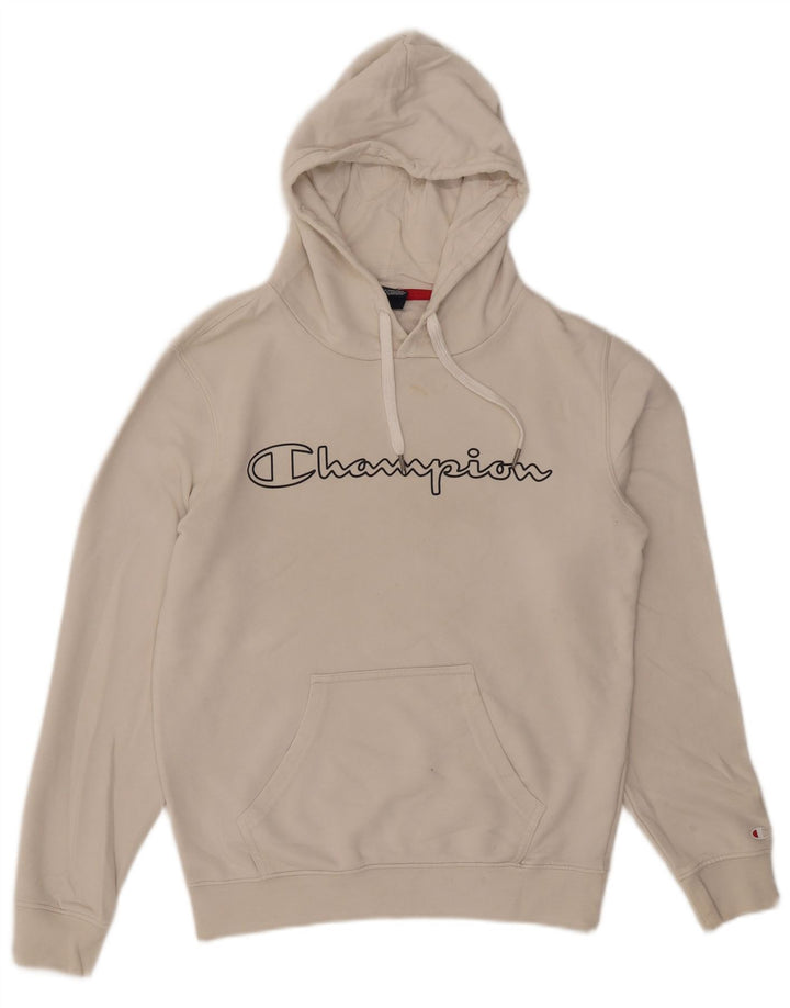 Champion Mens Graphic Hoodie Jumper Small Beige Cotton