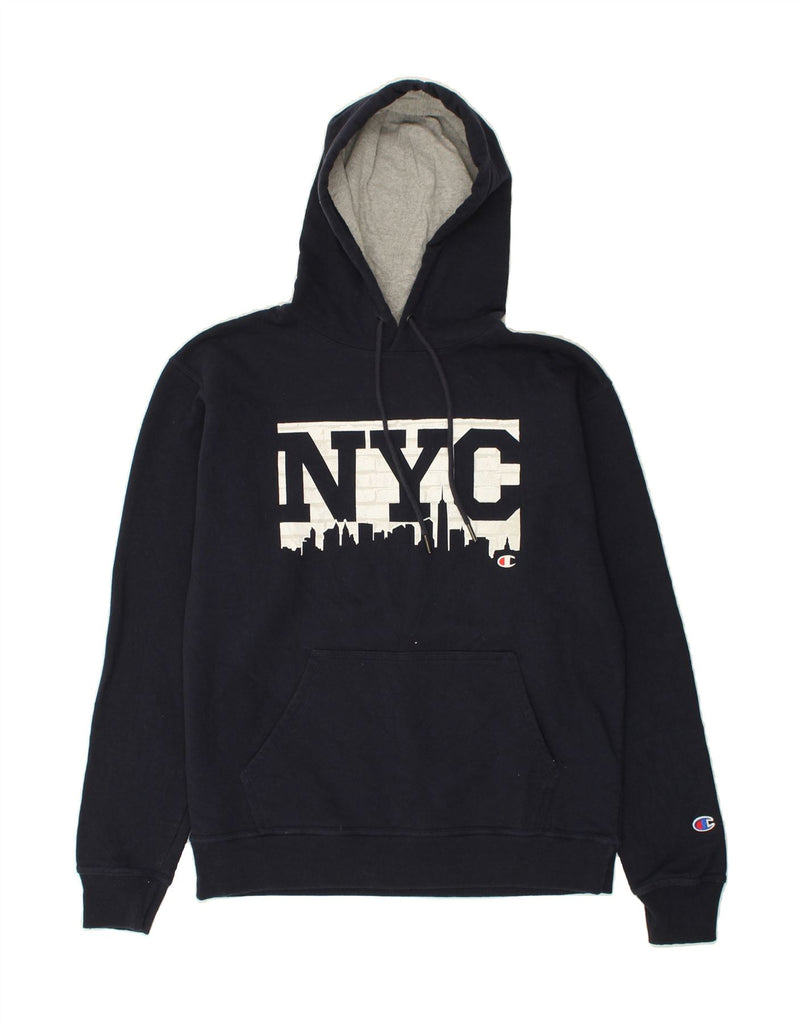 CHAMPION Mens New York City Graphic Hoodie Jumper Medium Navy Blue Cotton | Vintage Champion | Thrift | Second-Hand Champion | Used Clothing | Messina Hembry 