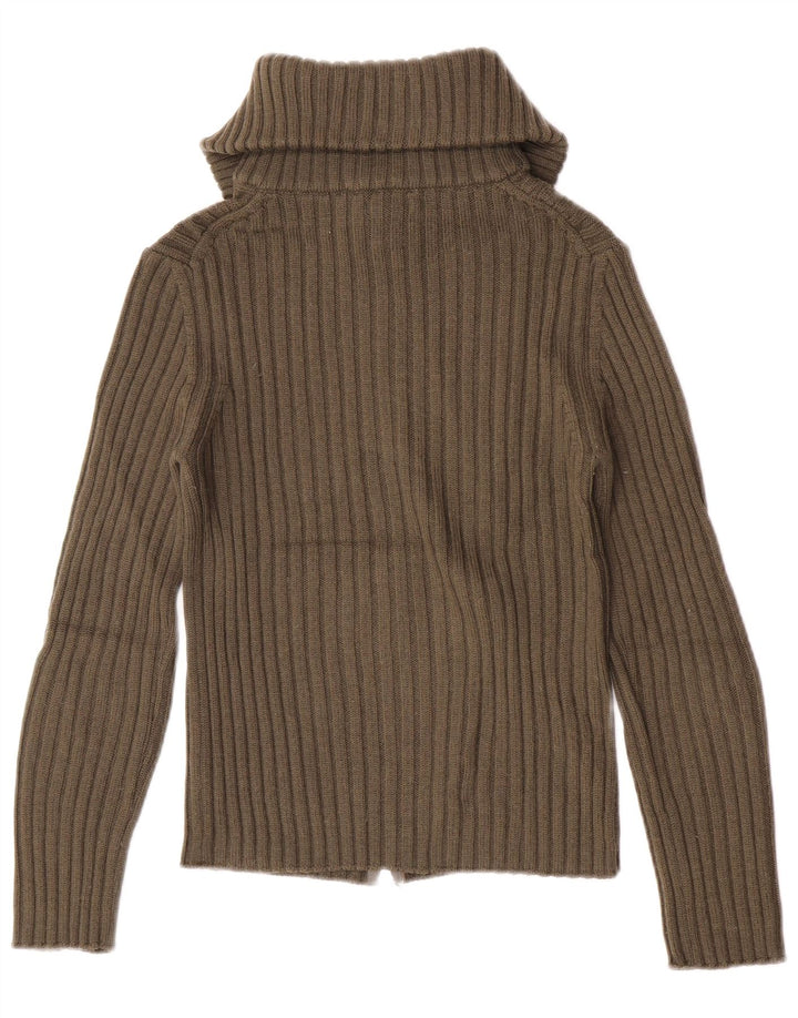 Benetton Womens Roll Neck Cardigan Sweater UK 10 Small Khaki Wool