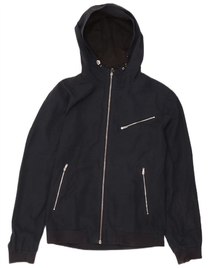 REISS Mens Hooded Bomber Jacket UK 38 Medium Navy Blue Polyester