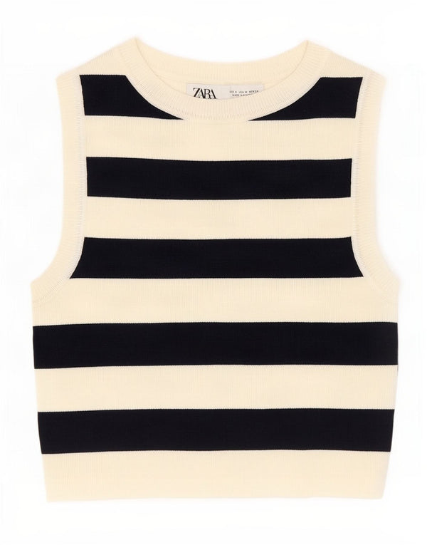 Zara Womens Crop Vest Top UK 12 Medium Beige Striped Viscose