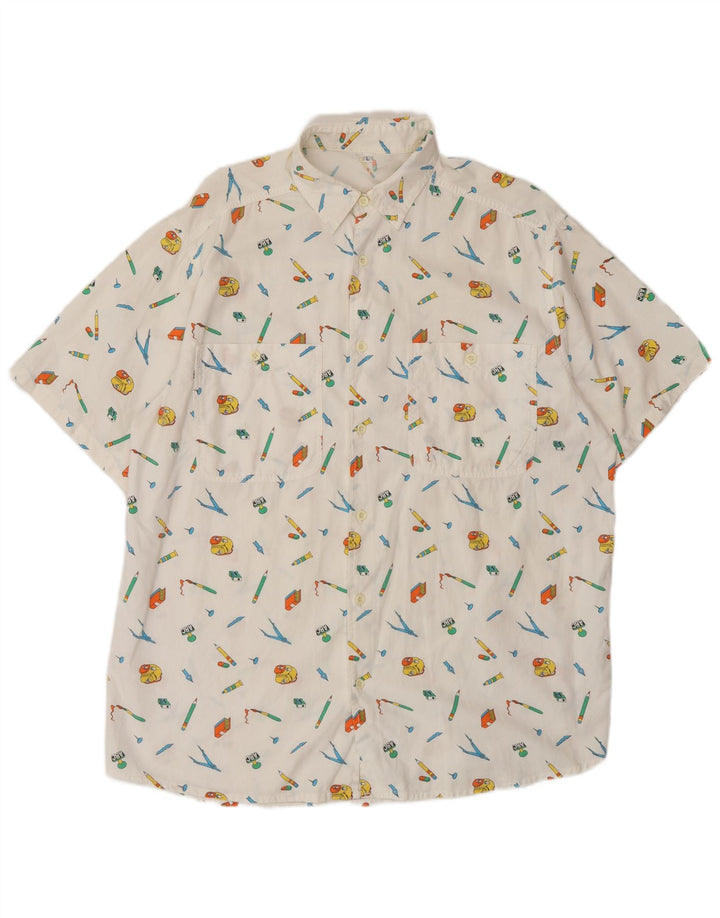 Vintage Mens Graphic Short Sleeve Shirt Large White Cotton