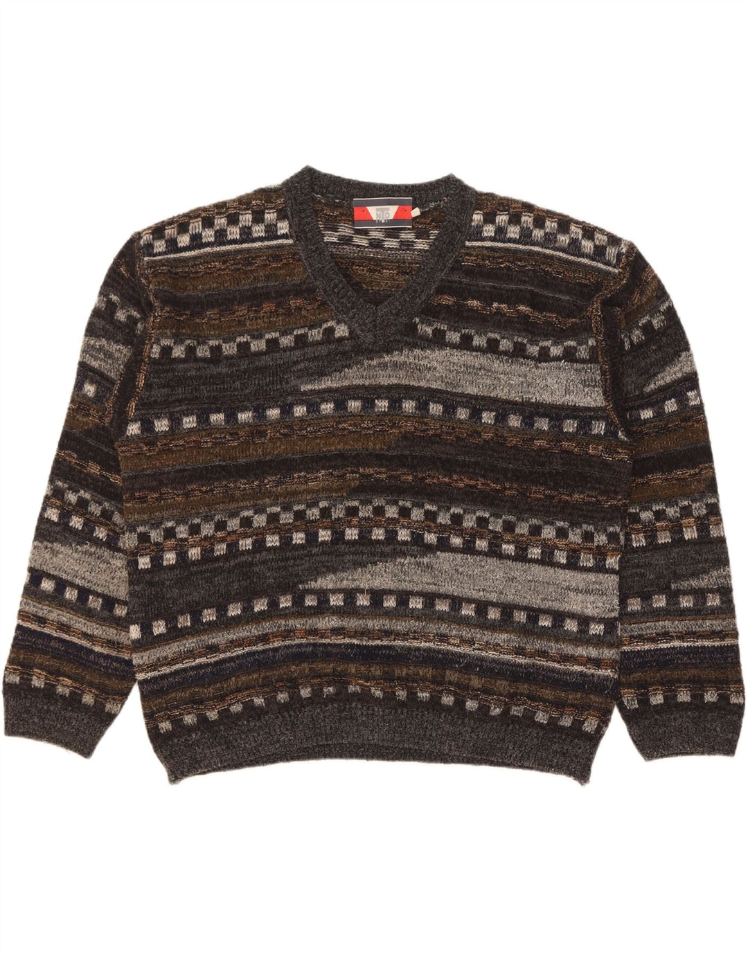 Vintage Mens V-Neck Jumper Sweater Large Grey Geometric Wool