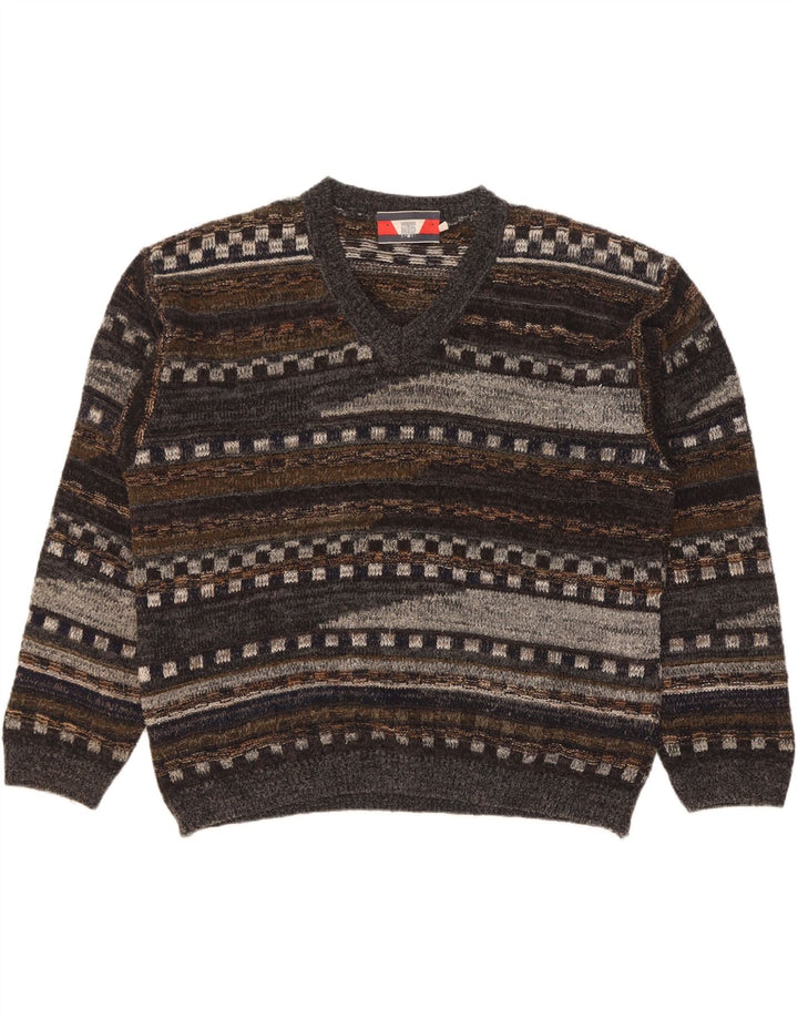 Vintage Mens V-Neck Jumper Sweater Large Grey Geometric Wool