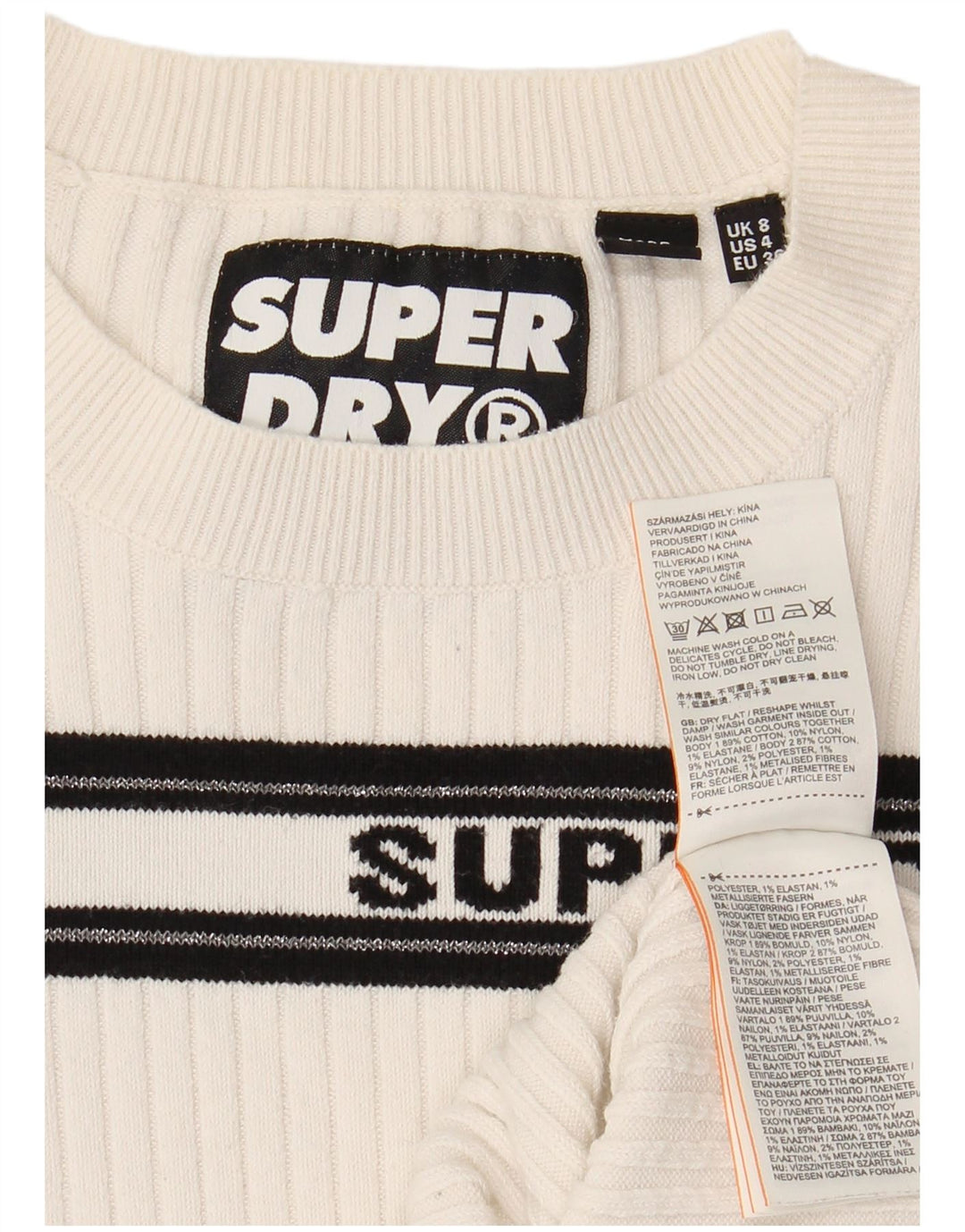 SUPERDRY Womens Graphic Crew Neck Jumper Sweater UK 8 Small  White Striped