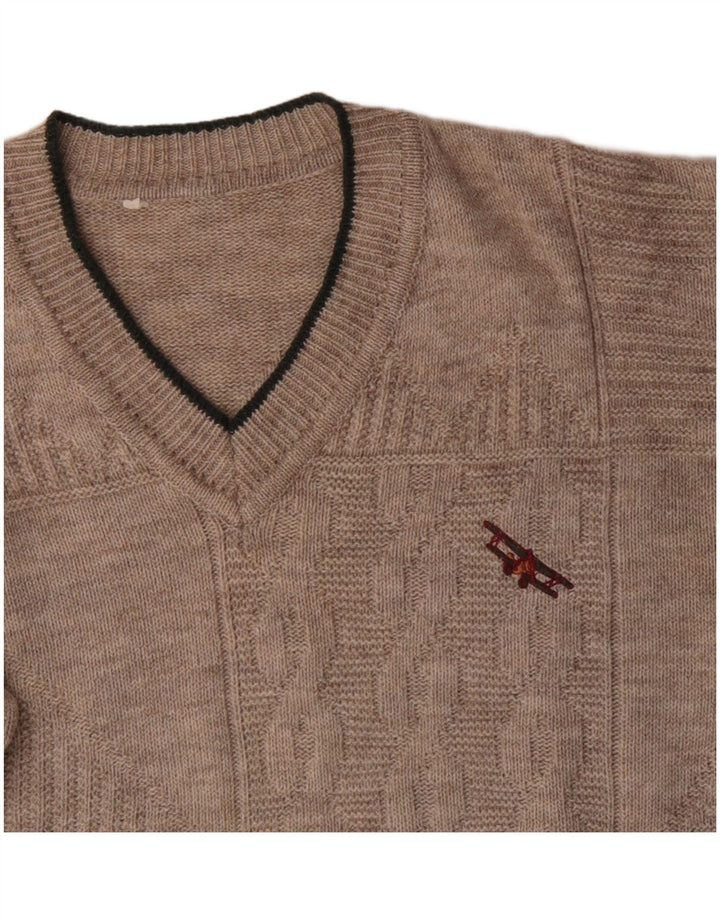 Vintage Womens V-Neck Jumper Sweater UK 18 XL Beige