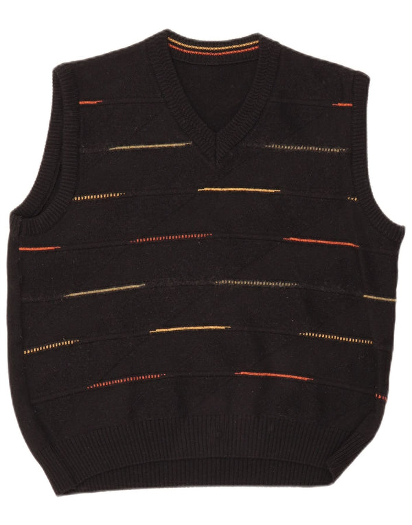 VINTAGE Womens Vest Tank Top UK 14 Large Black Striped Wool