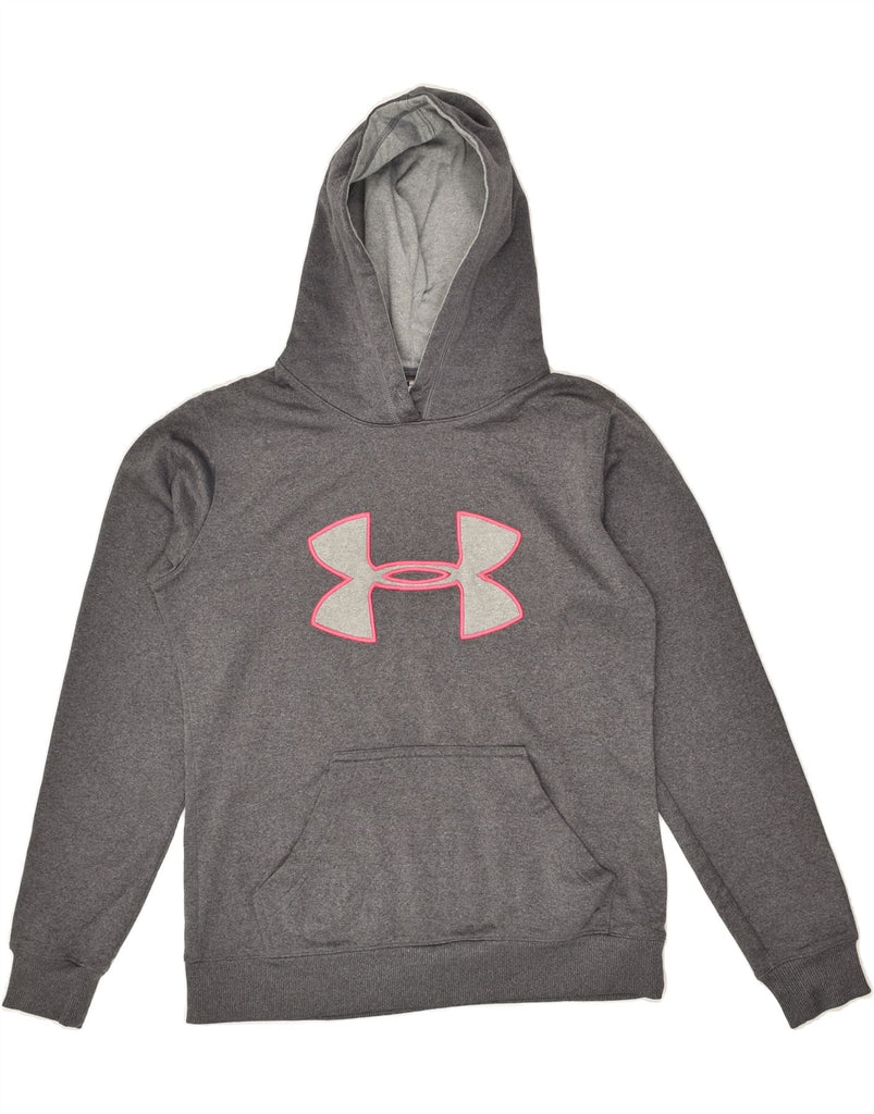 UNDER ARMOUR Womens Graphic Hoodie Jumper UK 6 XS Grey Polyester | Vintage Under Armour | Thrift | Second-Hand Under Armour | Used Clothing | Messina Hembry 