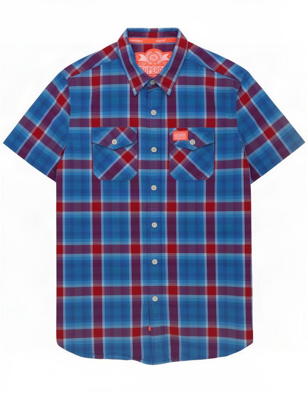 Superdry Mens Short Sleeve Shirt Medium Blue Check Cotton