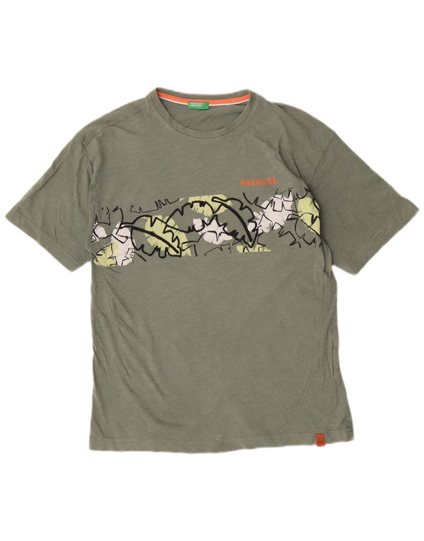 Benetton Boys Graphic T-Shirt Top 13-14 Years 3XL Khaki Cotton
