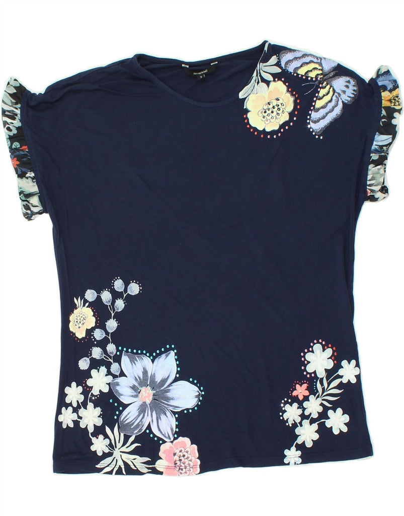 DESIGUAL Womens Blouse Top UK 10 Small Navy Blue Floral Vintage Desigual and Second-Hand Desigual from Messina Hembry 