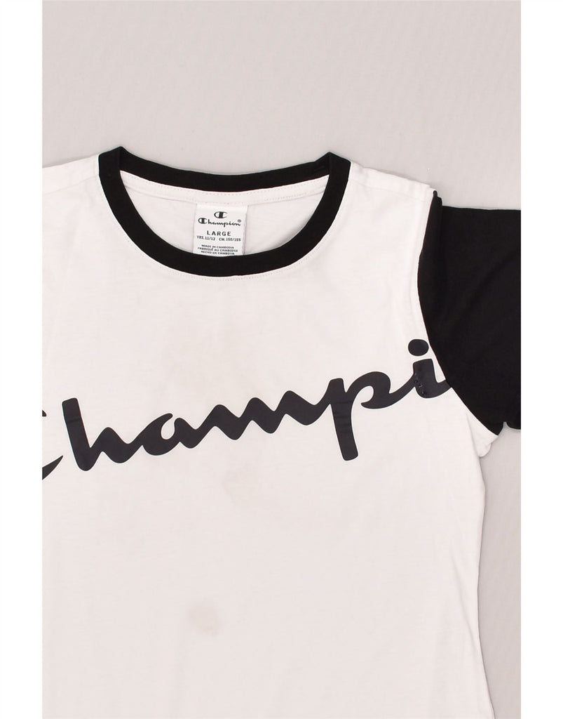 CHAMPION Boys Graphic T-Shirt Top 11-12 Years Large  White Colourblock | Vintage Champion | Thrift | Second-Hand Champion | Used Clothing | Messina Hembry 