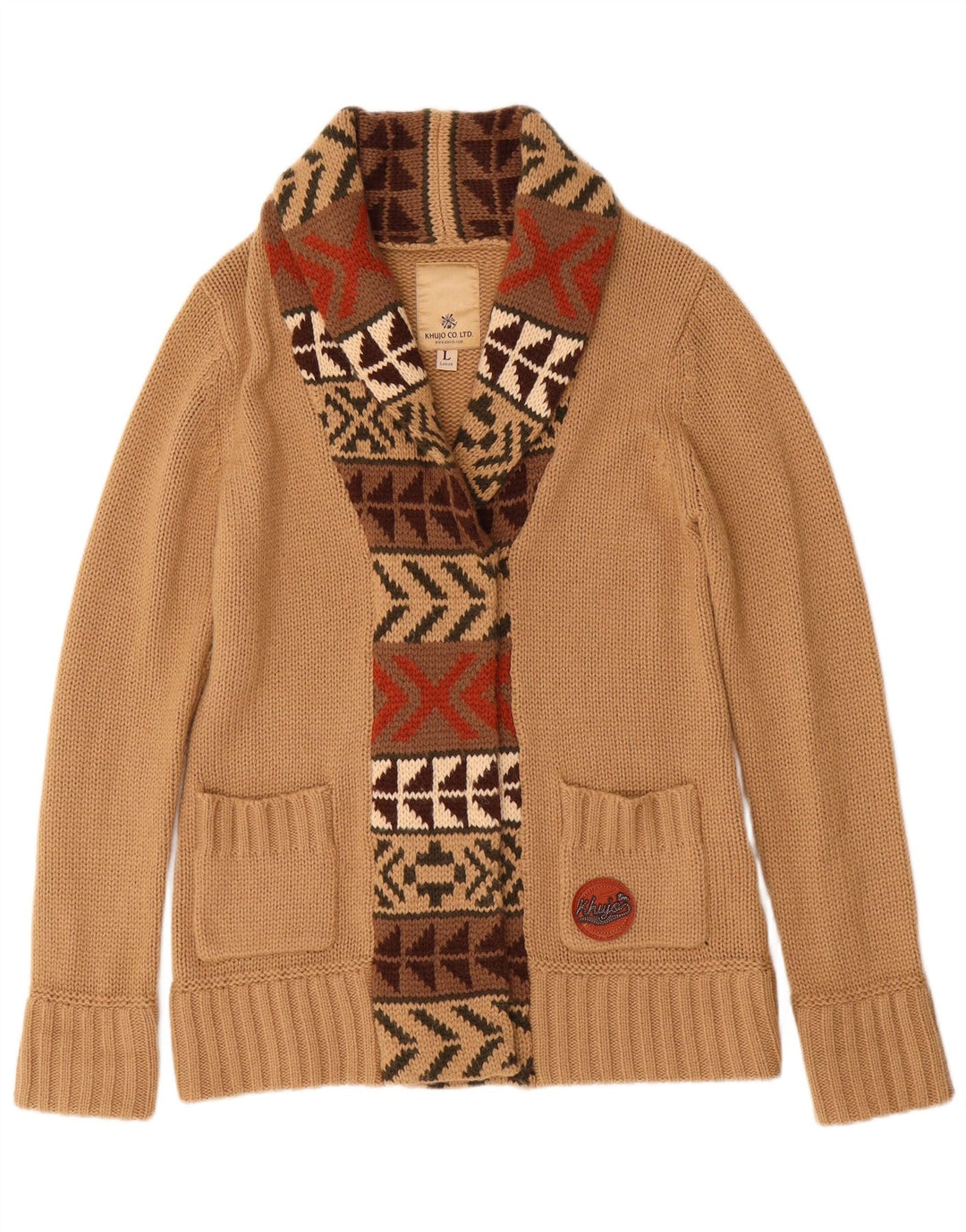 KHUJO Womens Cardigan Sweater UK 16 Large Beige Geometric Acrylic