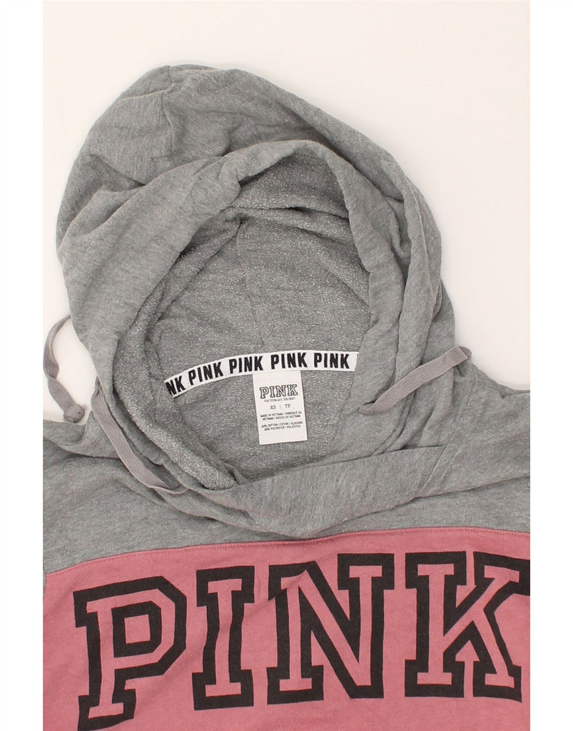 PINK Womens Graphic Hoodie Jumper UK 6 XS Pink Colourblock Cotton | Vintage Pink | Thrift | Second-Hand Pink | Used Clothing | Messina Hembry 