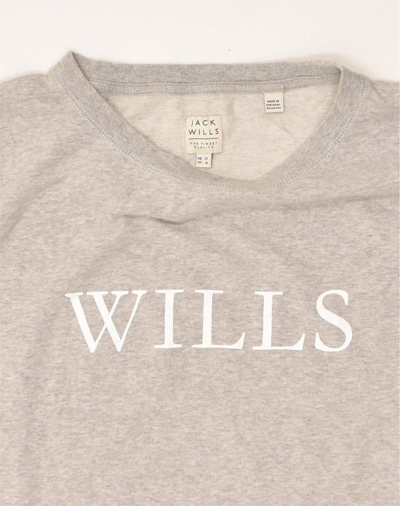 JACK WILLS Womens Crop Graphic Sweatshirt Jumper UK 12 Medium  Grey Cotton | Vintage Jack Wills | Thrift | Second-Hand Jack Wills | Used Clothing | Messina Hembry 