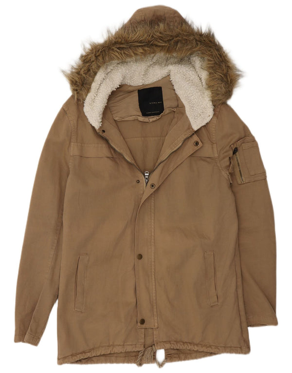Zara Mens Hooded Parka Jacket UK 36 Small Beige