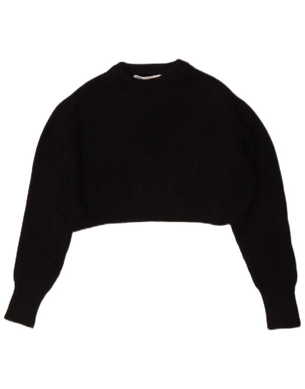 Zara Womens Crop Oversized Crew Neck Jumper Sweater UK 10 Small Black