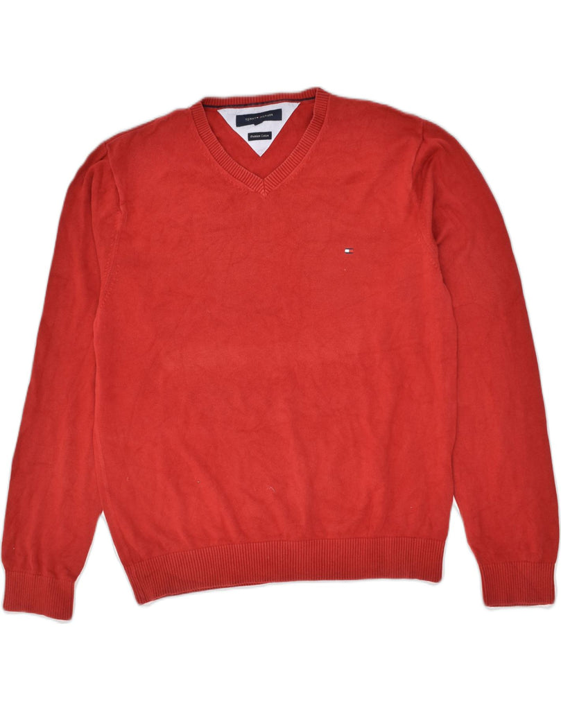 TOMMY HILFIGER Mens V-Neck Jumper Sweater XL Red Cotton | Vintage Tommy Hilfiger | Thrift | Second-Hand Tommy Hilfiger | Used Clothing | Messina Hembry 