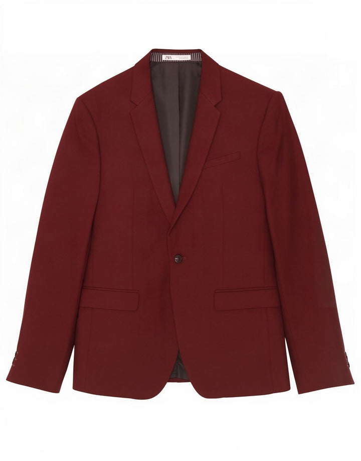 Zara Mens 1 Button Blazer Jacket EU 54 XL Burgundy Polyester