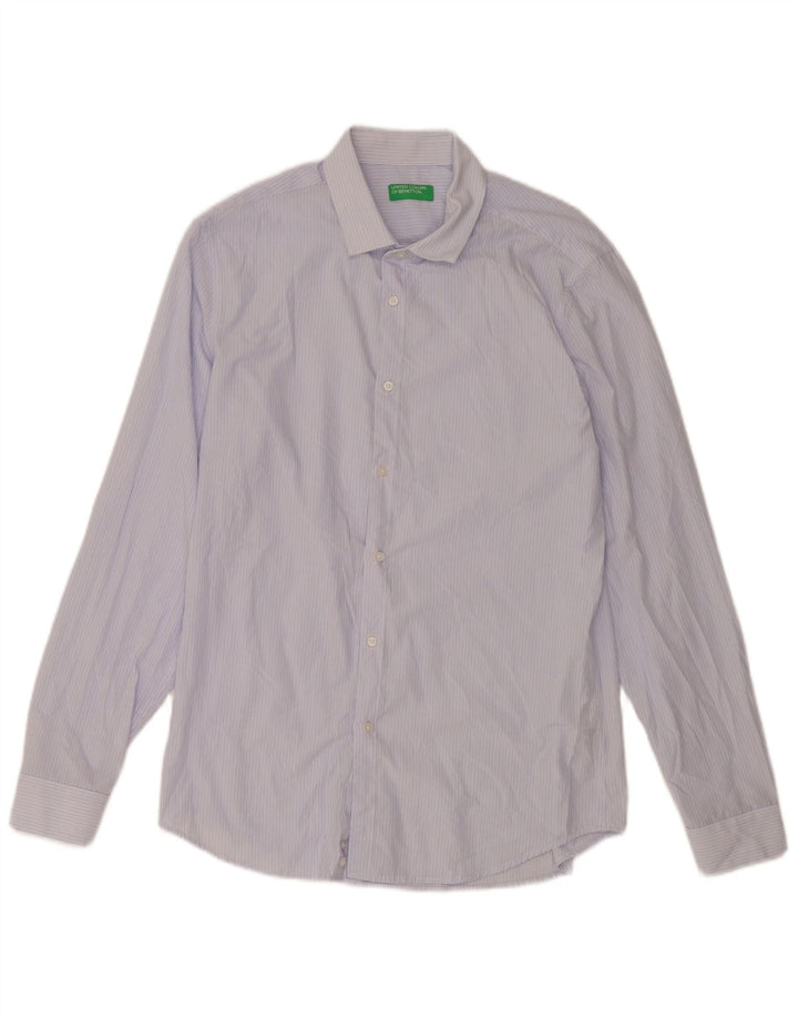 Benetton Mens Shirt Large Blue Pinstripe Viscose