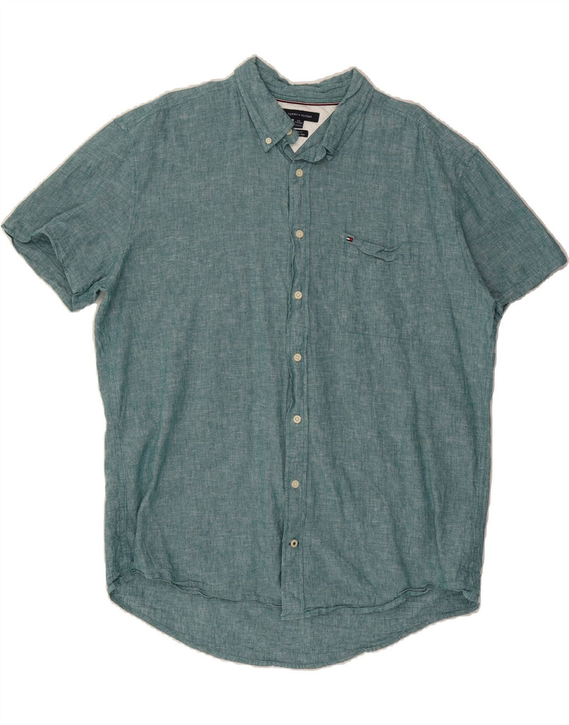 TOMMY HILFIGER Mens Regular Fit Short Sleeve Shirt 2XL Green Linen Vintage Tommy Hilfiger and Second-Hand Tommy Hilfiger from Messina Hembry 