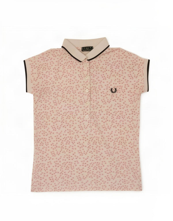 Fred Perry Womens Crop Polo Shirt UK 10 Small White Floral Cotton