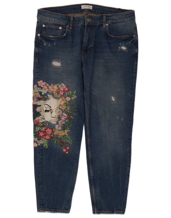 Zara Womens Graphic Straight Jeans EU 42 Large W32 L27 Blue Floral Cotton