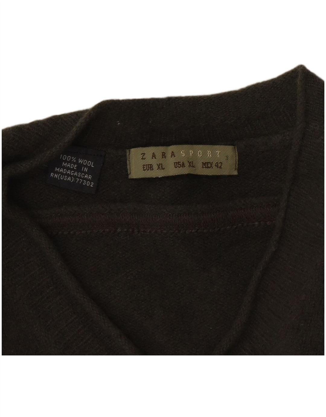 Zara Mens V-Neck Jumper Sweater XL Khaki Wool