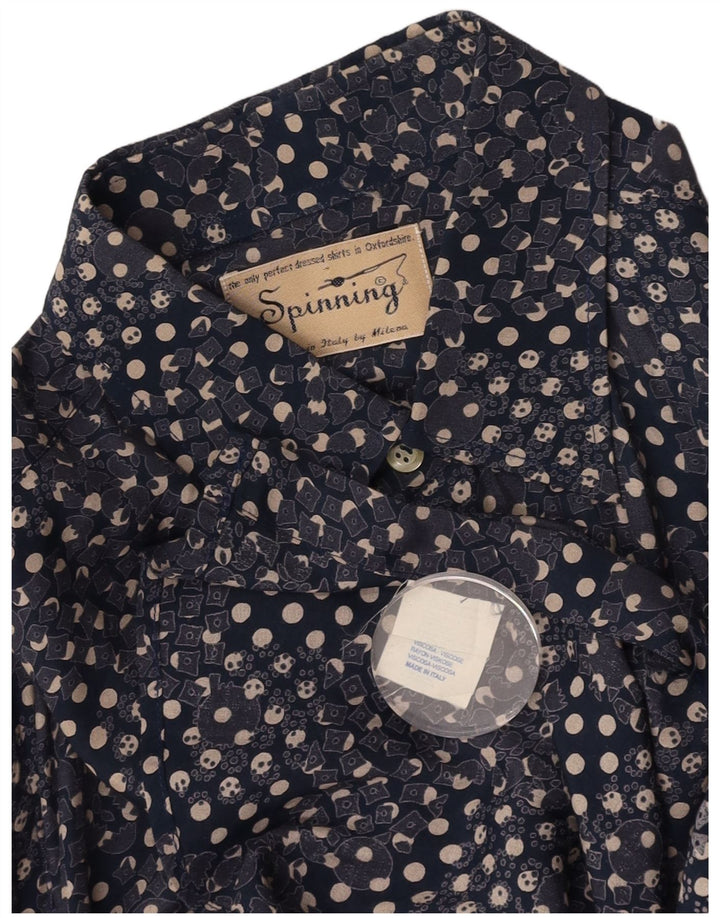 SPINNING Mens Short Sleeve Shirt Large Navy Blue Geometric Viscose
