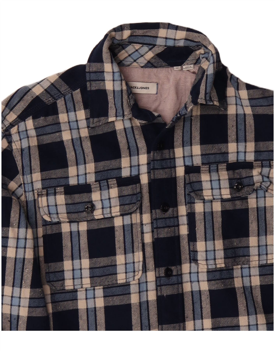 JACK & JONES Mens Flannel Shirt Medium Navy Blue Check Cotton