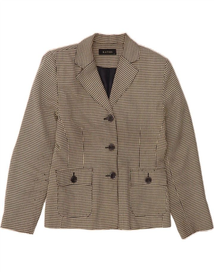 VINTAGE Womens 3 Button Blazer Jacket UK 12 Medium Beige Houndstooth Vintage Vintage and Second-Hand Vintage from Messina Hembry 