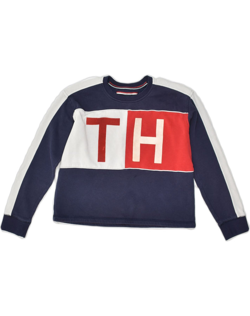 TOMMY HILFIGER Womens Crop Graphic Sweatshirt Jumper UK 10 Small Navy Blue | Vintage Tommy Hilfiger | Thrift | Second-Hand Tommy Hilfiger | Used Clothing | Messina Hembry 