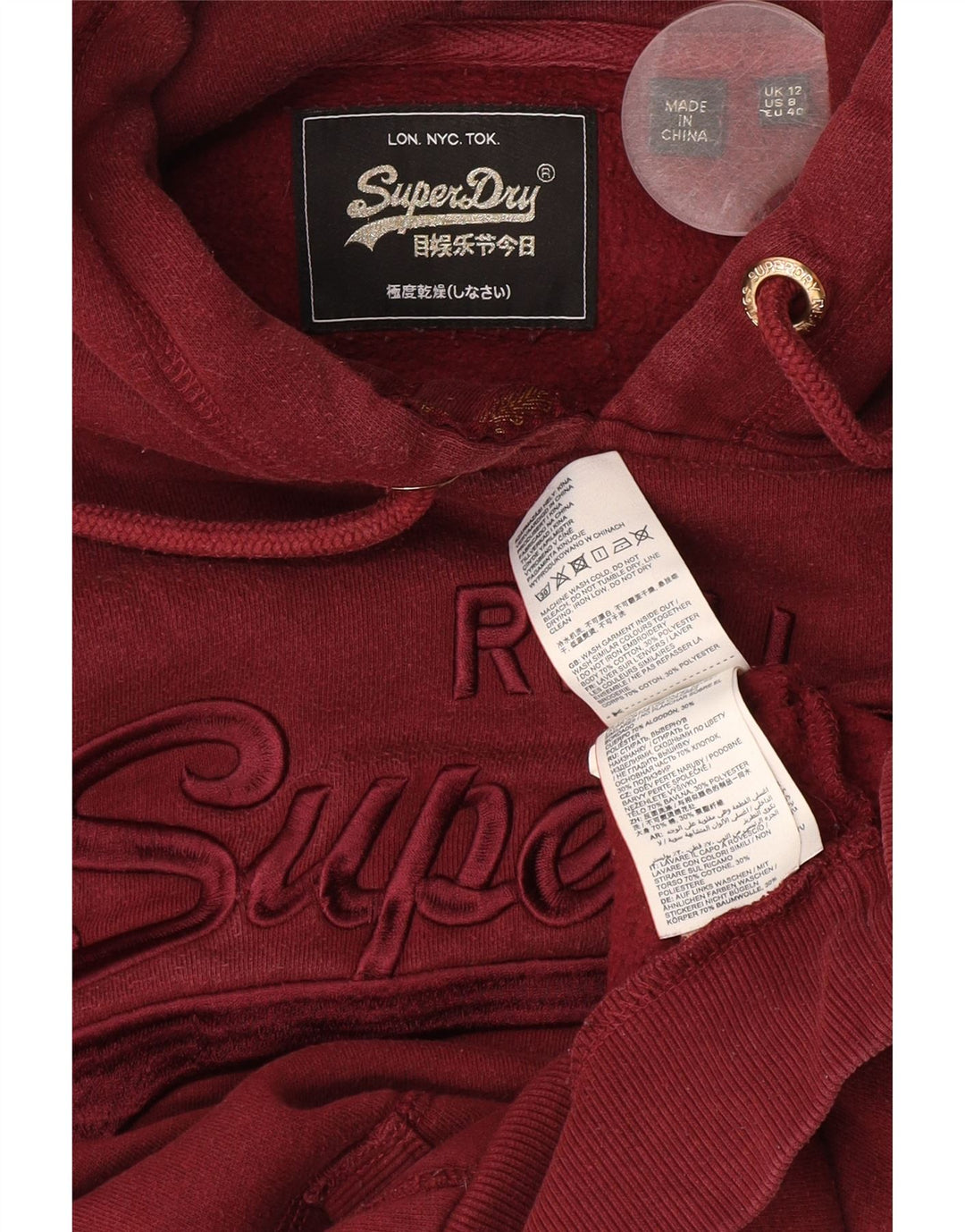 Superdry Womens Graphic Crop Hoodie Jumper UK 12 Medium Burgundy Cotton